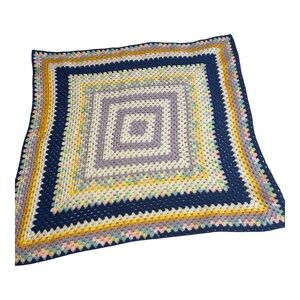 Crochet Granny Square afghan  cottage Multicolor White, Blue, Lavender 45 X45